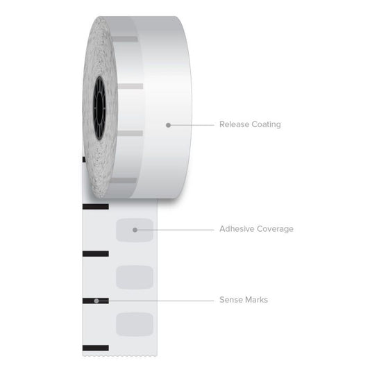 40 mm x 375 ft Iconex Sticky Media Ultra-Lite, 12 per Carton, 55 GSM Facestock, 100 mm OD, 1 in Sense Mark Repeat