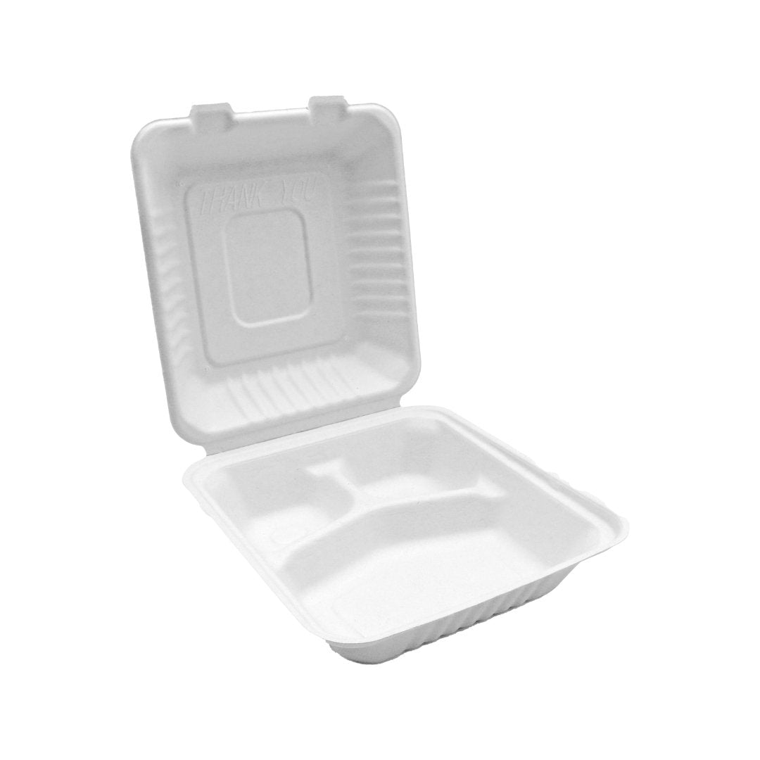 Bagasse Hinged Container 3-compartment, White, PFAS FREE, 8" x 8", 200pc