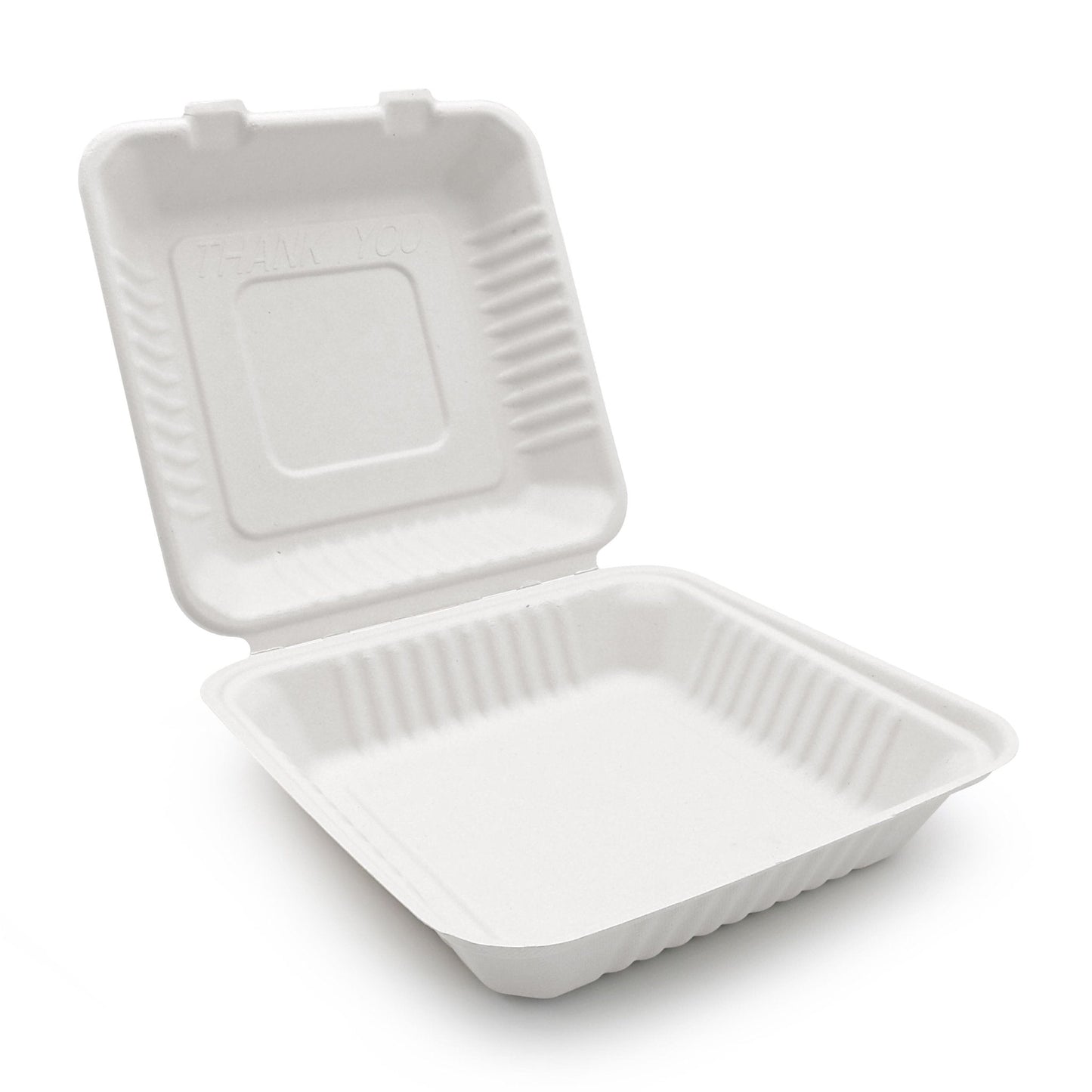 Bagasse Hinged Container, White, PFAS FREE, 8" x 8", 200pc