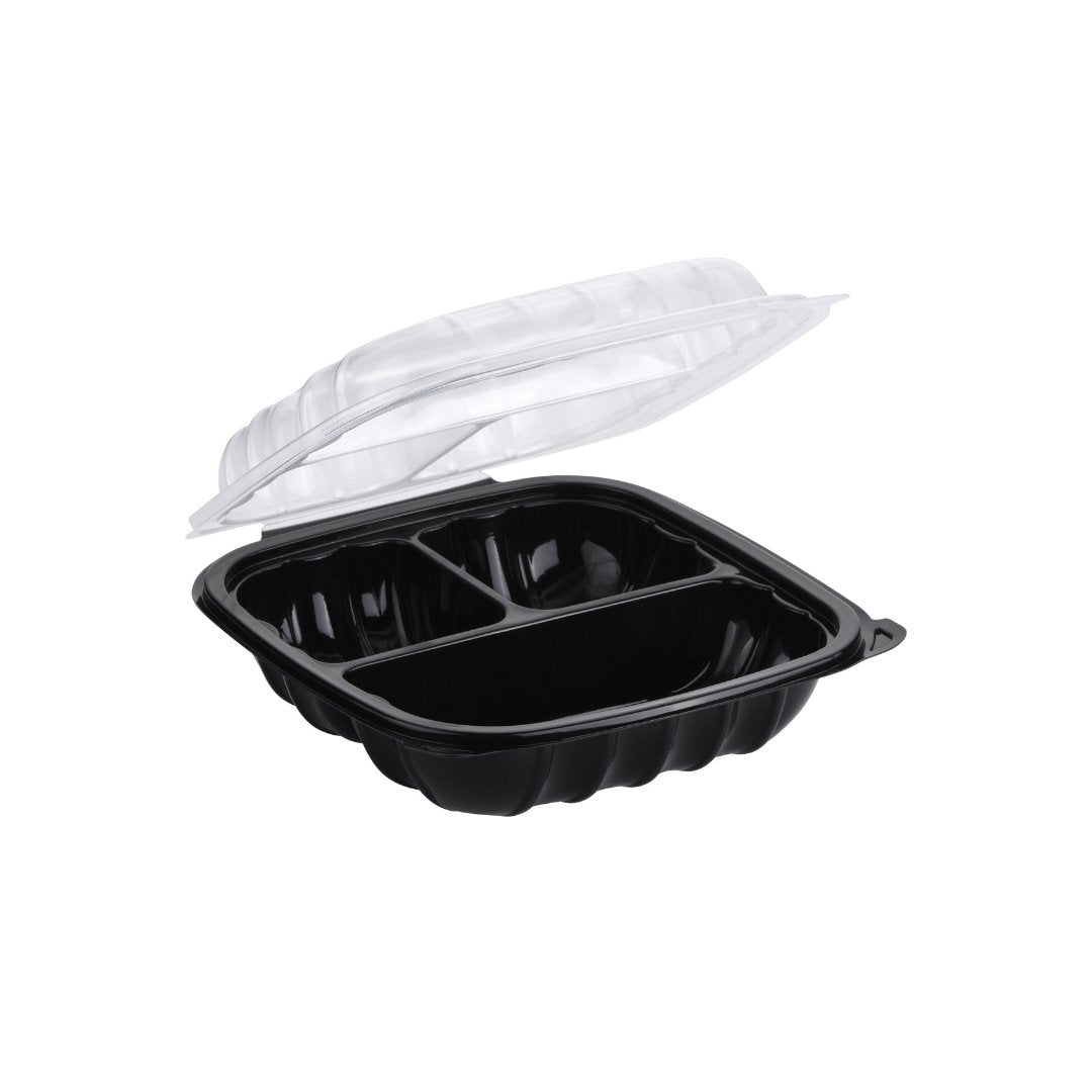 Hinged Clear Top Container 3-compartment, 8" x 8", 100pc