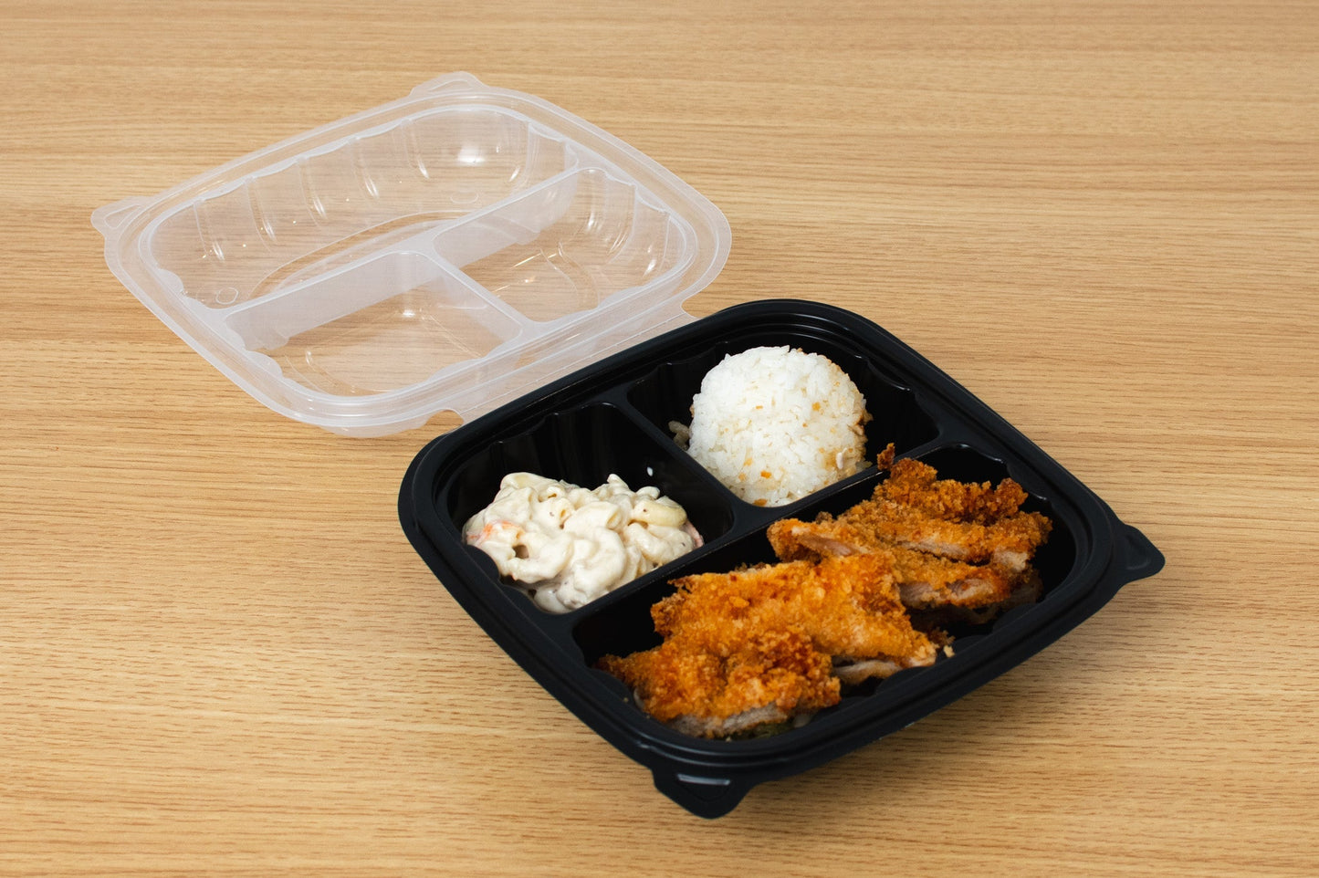 Hinged Clear Top Container 3-compartment, 9" x 9", 100pc