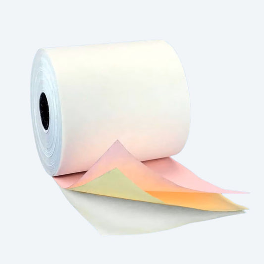 Watson Distributing 3" x 65' 3-Ply Carbonless Paper Rolls - White/Canary/Pink, 50 Rolls/Case