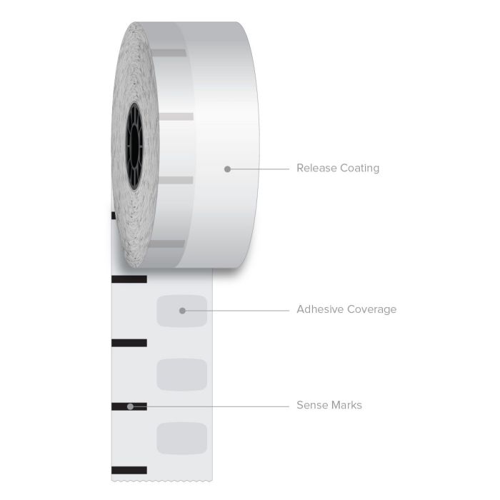 40 mm x 375 ft Iconex Sticky Media Ultra-Lite, 12 per Carton, 55 GSM Facestock, 100 mm OD, 1 in Sense Mark Repeat
