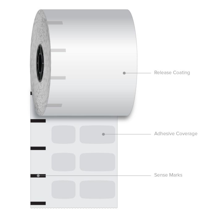 80 mm x 375 ft Iconex Sticky Media Ultra-Lite, 30 per Carton, 55 GSM Facestock, 100 mm OD, 1 in Sense Mark Repeat
