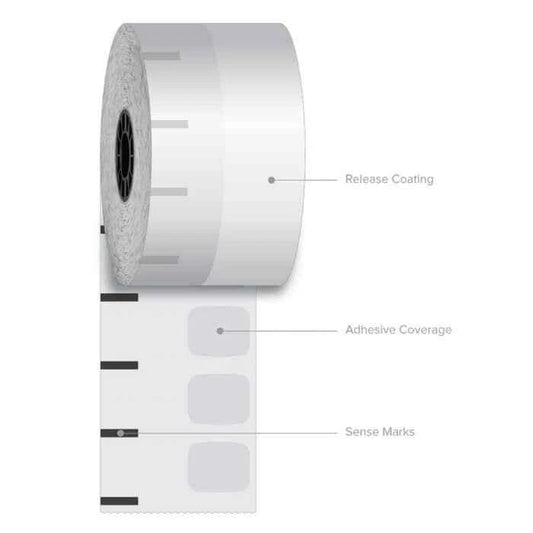 58 mm x 350 ft Iconex Sticky Media High-Tack G2, 12 per Carton, 55 GSM Facestock, 100 mm OD, in Sense Mark Repeat