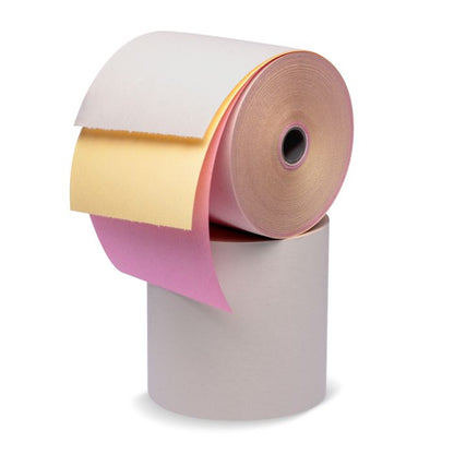 Iconex 3 in x 67 ft Three-Ply Carbonless Paper, White/Canary/Pink, 50 Per Carton