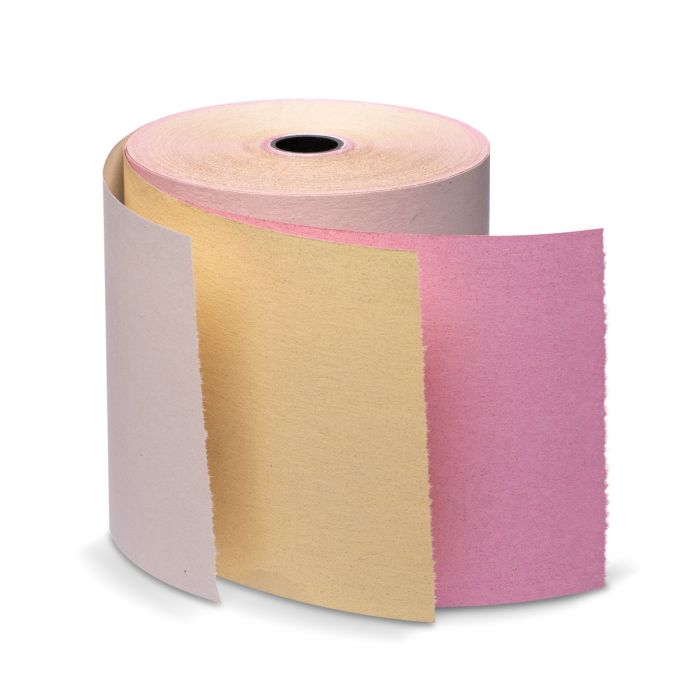 Iconex 3 in x 67 ft Three-Ply Carbonless Paper, White/Canary/Pink, 50 Per Carton