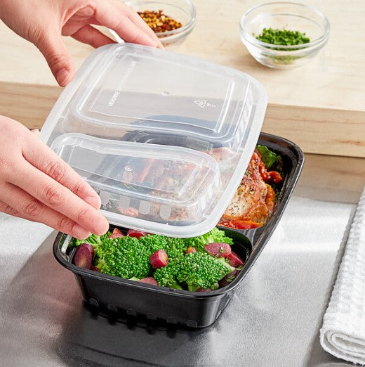 Watson Distributing 34 Oz Black Rectangular Microwaveable Container With Lid 2-Compartment 150/Case