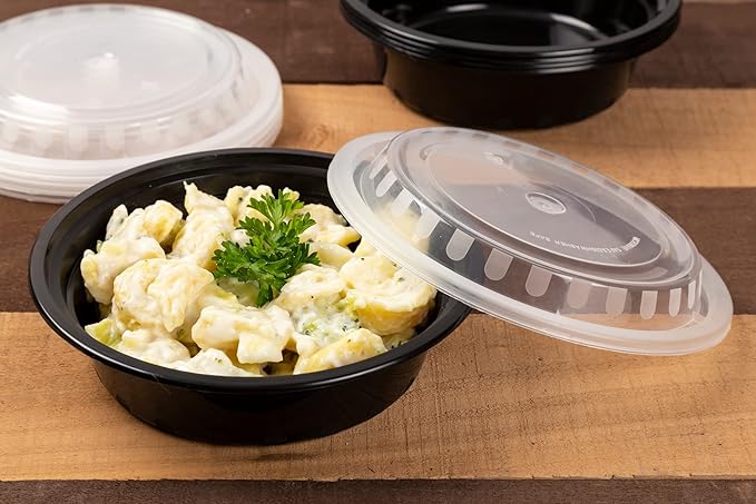 Watson Distributing 16 Oz 6" Black Microwaveable Flat Round Bowl With Clear Lid 150/Case