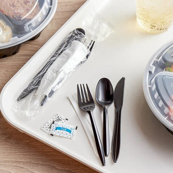 Watson Distributing Medium Weight Wrapped Black Plastic Cutlery Set With Napkin And Salt And Pepper 250/Case