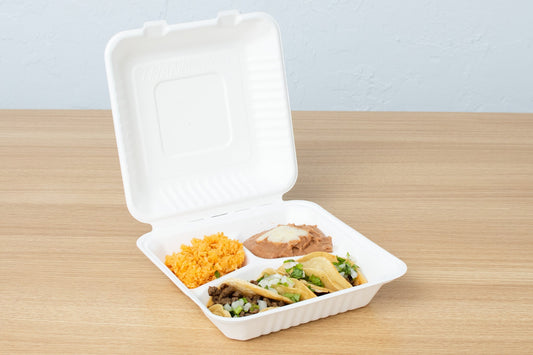 Bagasse Hinged Container 3-compartment, White, PFAS FREE, 8" x 8", 200pc