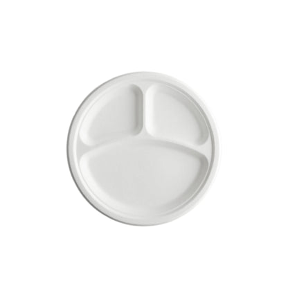 Bagasse Round Plate 3-compartment, 9‘’, White, PFAS FREE, 500pc
