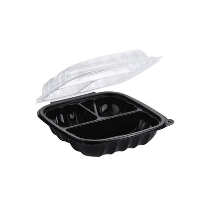 Hinged Clear Top Container 3-compartment, 8" x 8", 100pc