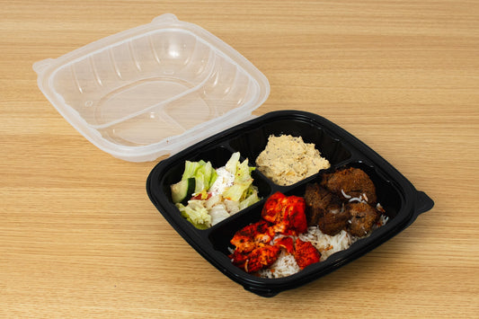Hinged Clear Top Container 3-compartment, 8" x 8", 100pc